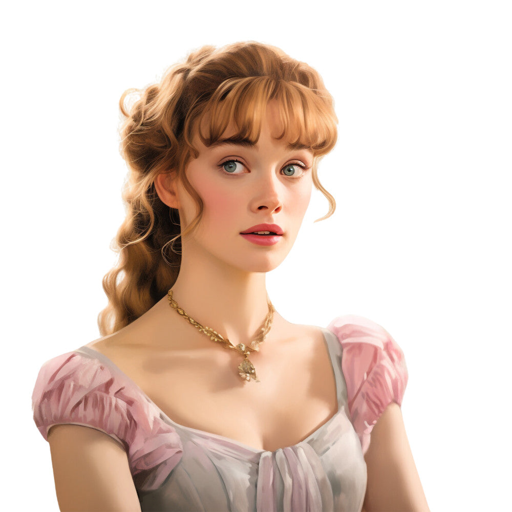 fabric panel, regency era, historical portrait, blonde woman, curly hair, bangs, blue eyes, pink dress, off-shoulder gown, gold necklace, pearl pendant, period costume, romantic style, soft pastels, white background, elegant lady, 19th century fashion, quilting cotton, decorative panel, vintage illustration