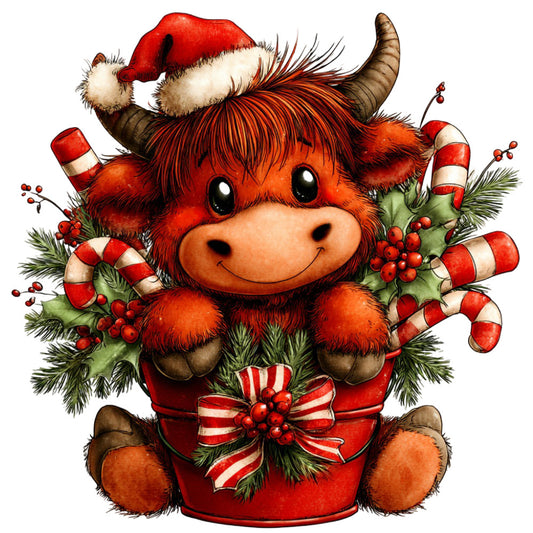 red, cream, white, forest green, orange, rust, holiday, christmas, festive, whimsical, cute, animal, cow, bull, candy cane, evergreen, berries, holly, santa hat, striped, cheerful, playful, seasonal, winter, decorative, children's, jolly, charming