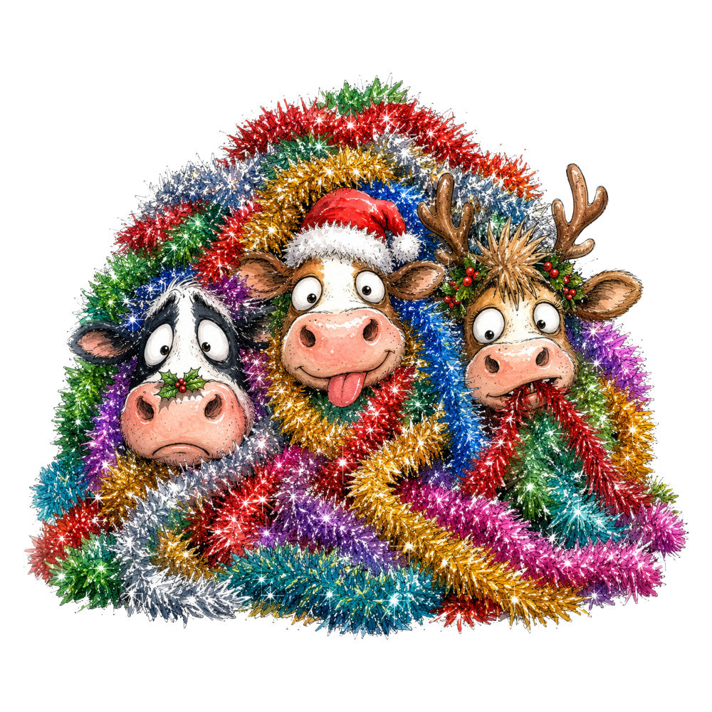 christmas, holiday, cows, reindeer, animals, festive, colorful, tinsel, metallic, red, green, blue, gold, purple, white, silver, whimsical, novelty, seasonal, winter, santa hat, decorative, farmyard, cheerful, sparkly, multi-color, fun, playful, cute characters, festive garland