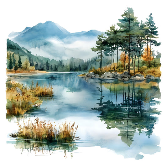 mountain landscape, watercolor, nature scene, lake, forest, pine trees, misty mountains, reflection, scenic, autumn, fall colors, gold, blue, green, sage green, forest green, sky blue, teal, rustic, tranquil, peaceful, landscape art, wildlife, outdoor, wilderness, water feature, evergreen trees, layered landscape, cabin core, nature inspired