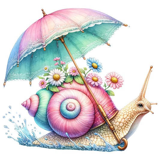 pastel pink, soft purple, turquoise, mint green, coral pink, powder blue, golden yellow, whimsical, fantasy, snail, daisies, flowers, umbrella, raindrop, water splash, nature-inspired, magical, storybook, children's, spring, summer, botanical, cottage core, fairytale, decorative, charming, playful, illustrative, colorful, vibrant