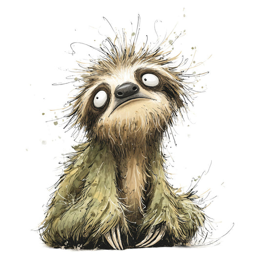 whimsical, creature, animal, bird, ostrich, emu, brown, tan, beige, cream, sage green, olive green, watercolor, splatter, ink splash, expressive, quirky, playful, contemporary, illustration, character design, humorous, funny, children's, kids, storybook, nature-inspired, artistic, decorative, wall hanging