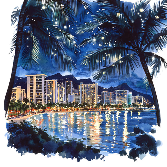 navy blue, turquoise, watercolor style, palm trees, city skyline, tropical scene, ocean water, starry night sky, beach resort, hawaiian landscape, fabric panel, quilting cotton, coastal theme, paradise motif, building reflections, evening lights, tropical vacation, island life, beach panel, watercolor painting