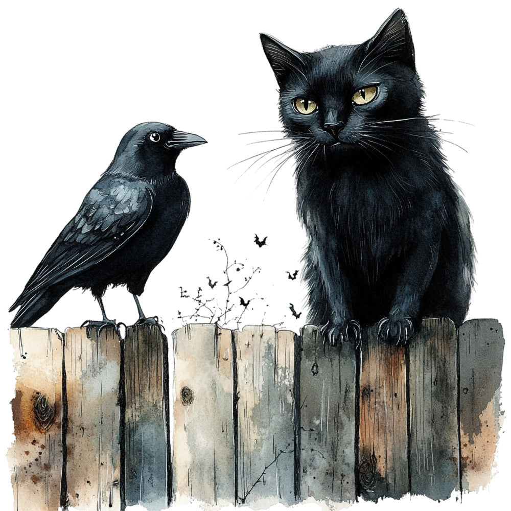 black cat, raven, crow, birds, wooden fence, rustic, gothic, halloween, autumn, dark academia, whimsical, nature, wildlife, charcoal black, gold eyes, witchy, spooky, moody, vintage illustration, detailed artwork, bats, mystical, elegant, animal lovers, literary, cottage core, dark aesthetic, ink drawing style, woodland creatures