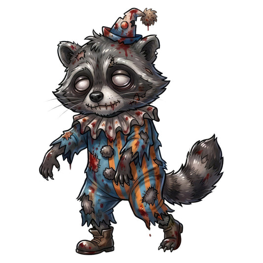 zombie raccoon, undead animal, horror themed, spooky, halloween, dark blue, orange, red, blood stains, tattered fabric, creepy, gothic, macabre, whimsical horror, cute creepy, stitched details, clown hat, animal character, festive horror, autumn theme, twisted whimsy, disheveled, vintage circus, dark fantasy, character design, playful spooky, gray and blue, rust tones, damaged fabric effect