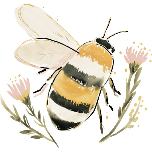 bee, honey bee, bumble bee, floral, flowers, pink flowers, nature, insects, botanical, spring, summer, garden, cream, golden yellow, dusty rose, soft colors, watercolor, whimsical, delicate, cottage core, farmhouse, natural, peaceful, pollinator, bee themed, wildflowers, gentle, artistic, illustrated
