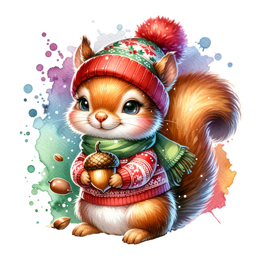 woodland squirrel, winter clothing, knit hat, green scarf, red sweater, acorn, watercolor style, orange fur, blue eyes, colorful splashes, fabric panel, quilting cotton, adorable animal, seasonal theme, cozy outfit, purple accents, turquoise details, whimsical illustration, children's fabric, forest creature