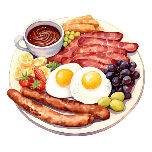 breakfast, food, eggs, bacon, sausage, toast, fruit, grapes, strawberry, lemon, olives, chocolate sauce, cream, morning, brunch, kitchen, culinary, whimsical, playful, illustrated, cream white, golden yellow, deep red, burgundy, purple grape, warm brown, toast tan, foodie, novelty print, breakfast theme