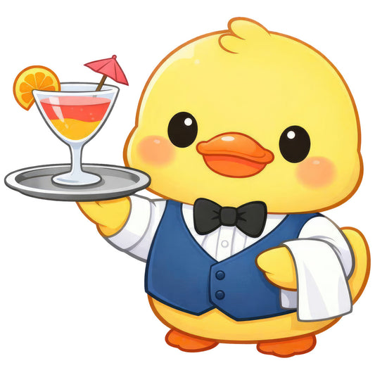 cute duck, yellow, navy blue, orange, white, whimsical, cartoon, animal, bird, server, waitress, bow tie, cocktail, tropical drink, summer, spring, children, kids, playful, cheerful, fun, beverage, restaurant, service industry, adorable, character, panel design, nursery