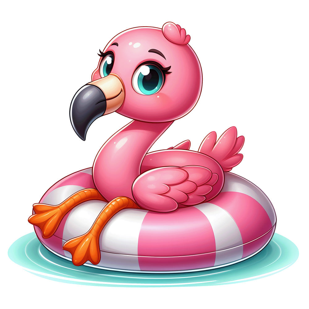 baby flamingo, pink flamingo, cartoon flamingo, cute bird, turquoise eyes, swimming ring, pool float, pink and white stripes, orange webbed feet, black beak, kawaii style, adorable animal, summer theme, water scene, fabric panel, quilting cotton, nursery fabric, children's fabric, pastel colors, tropical bird