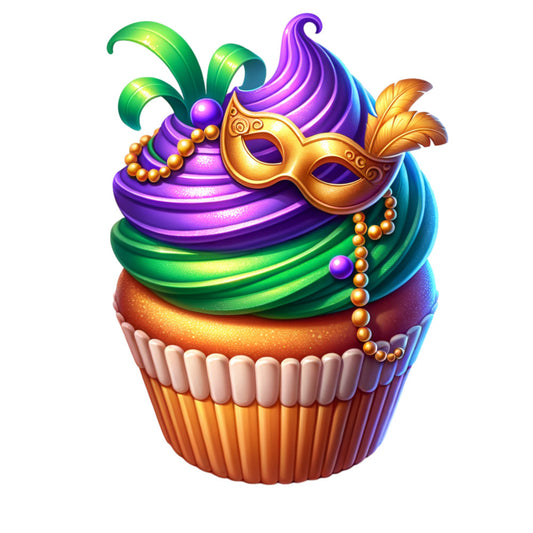 purple, green, gold, orange, cupcake, mardi gras mask, carnival theme, swirled frosting, beaded necklace, feathers, festive design, vibrant colors, celebration motif, fabric panel, quilting cotton, digital print, party theme, new orleans style, decorative swirls, masquerade elements