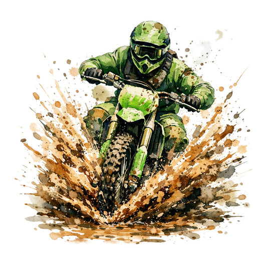 lime green, sage green, olive green, tan, brown, beige, cream, watercolor, abstract, splatter, ink splash, action sports, motocross, dirt bike, extreme sports, adventure, dynamic, energetic, sporty, masculine, modern, urban, grunge, athletic, off-road, daring, bold, contemporary