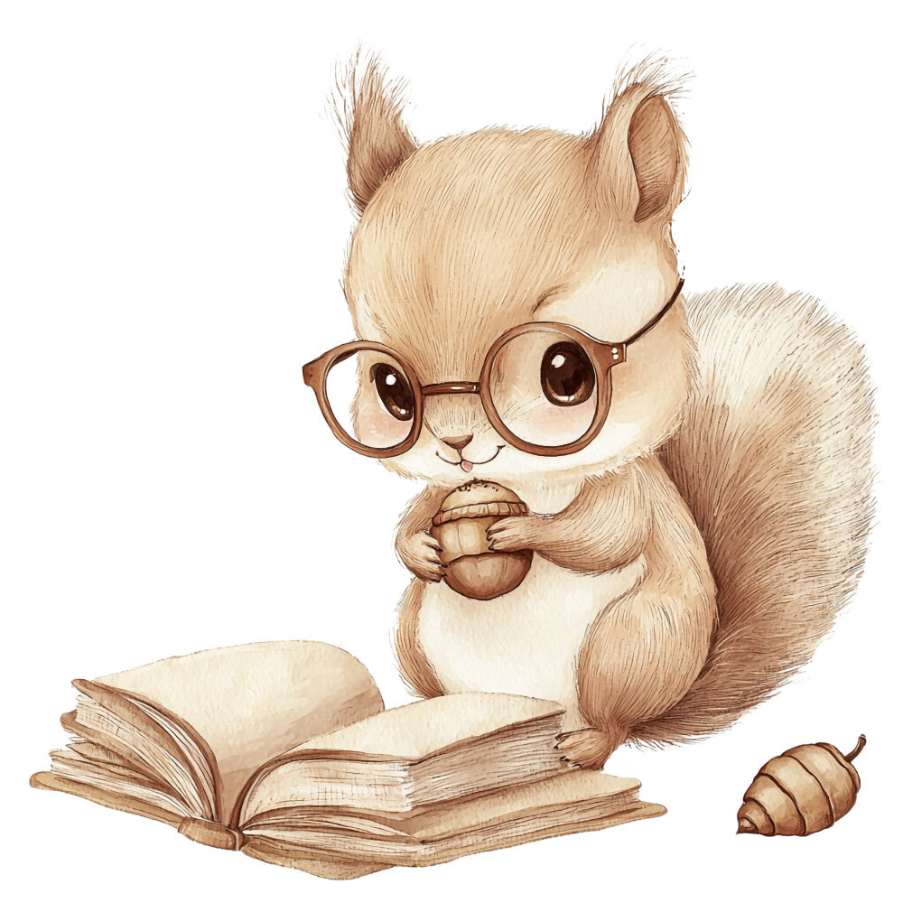 beige, brown, cream, watercolor style, squirrel, glasses, acorn, open book, reading, scholarly, cute animal, woodland creature, fabric panel, quilting cotton, whimsical, children's fabric, nursery theme, educational motif, soft tones, animal illustration
