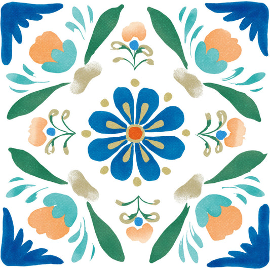 blue flower, royal blue, forest green, coral orange, turquoise, sage green, cream, gold accents, floral pattern, botanical, nature, symmetrical design, ornamental, folk art, whimsical, traditional, vibrant, spring, summer, daisy, leaves, decorative flourishes, geometric floral, medallion design, repeating pattern, colorful, artistic, cottage style, vintage inspired