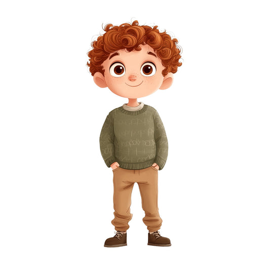 curly brown hair, cute boy, children's illustration, character design, olive green, tan brown, dark brown, khaki, whimsical, playful, cheerful, happy expression, children's clothing, kids fashion, boy character, illustrated children, friendly face, casual wear, sweater, pants, boots, character panel, storybook style, children's book, young boy, adorable, sweet expression
