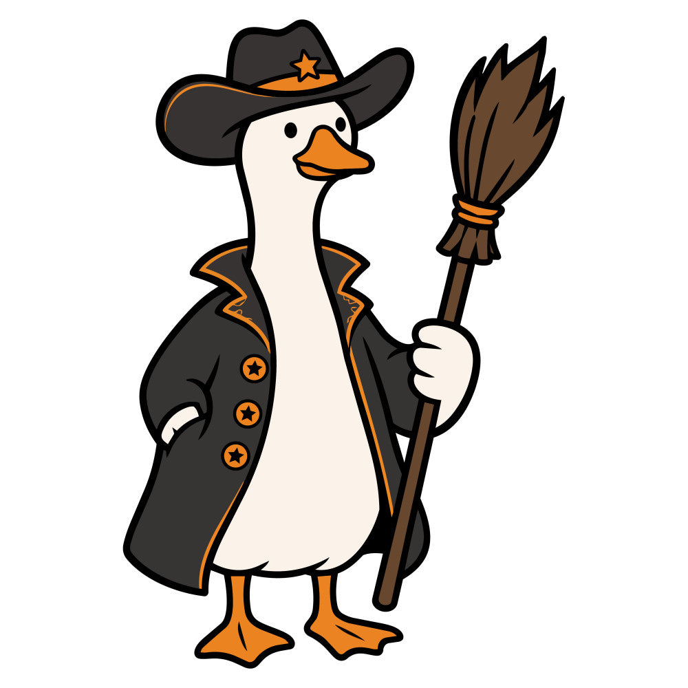 cowboy duck, western, black, cream, orange, gold, stars, sheriff hat, broom, anthropomorphic, whimsical, farmhouse, rustic, halloween, autumn, novelty, character, folk art, vintage western, witch, magical, playful, children's, storybook, animal characters, decorative, fun, quirky