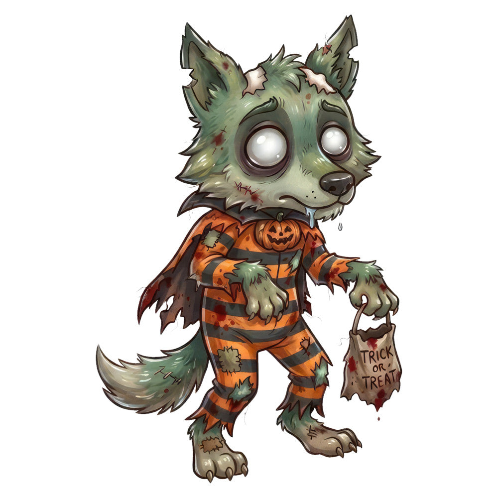 zombie wolf, halloween, trick or treat, green, orange, black, spooky, undead, costume, pumpkin, monster, horror, whimsical, cute creepy, children's, festive, autumn, fall, trick-or-treat bag, haunted, ghoulish, furry creature, forest green, burnt orange, dark humor, mischievous, party themed, holiday novelty
