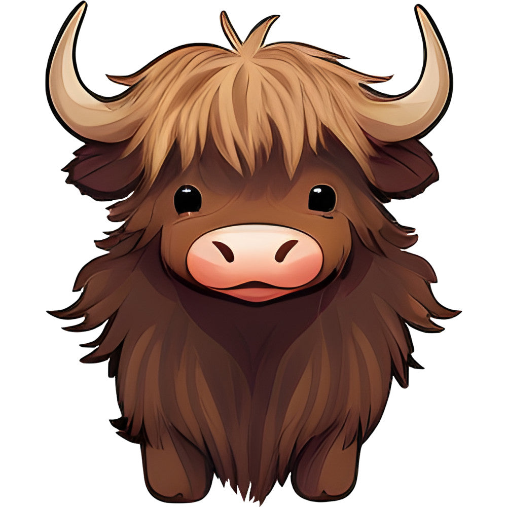 highland cattle, brown, tan, cream, beige, cute animals, farm animals, livestock, whimsical, kawaii, cartoon, big eyes, long horns, fuzzy hair, rustic, farmhouse, children's, nursery, baby quilt, wall hanging, folk art, highland cow, gentle expression, nature, pastoral, country style, animal face, portrait, adorable, soft shading