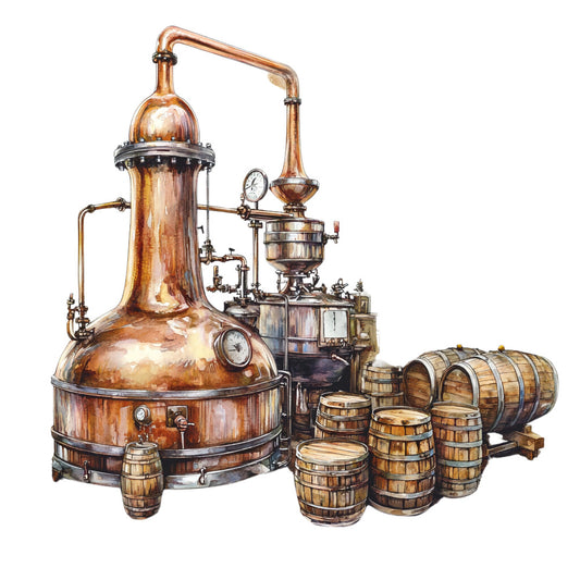 copper, bronze, amber, wooden barrels, distillery equipment, still, bourbon making, whiskey production, rustic, vintage machinery, gauges, pipes, alcohol brewing, craft spirits, industrial, watercolor style, fabric panel, quilting cotton, artisan process, aged wood