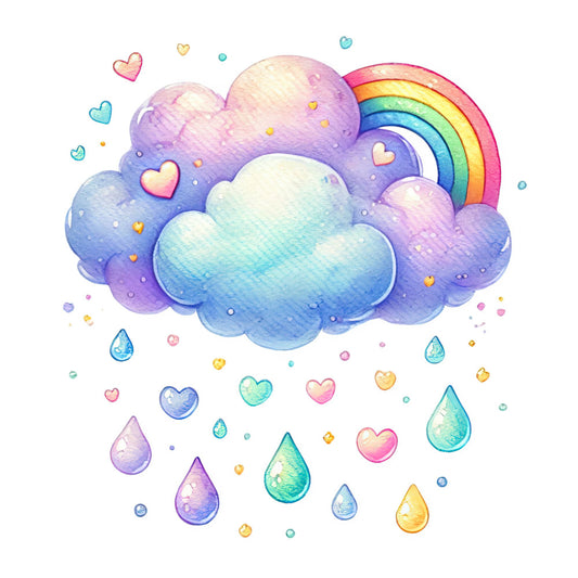 pastel rainbow, soft purple, lavender, sky blue, pale pink, mint green, golden yellow, watercolor clouds, whimsical, dreamy, celestial, rainbow, hearts, raindrops, water droplets, magical, children's, baby quilt, nursery, sweet, feminine, gentle, nature-inspired, colorful, ombre effect, fantasy, illustrated, modern whimsical, springtime, cheerful