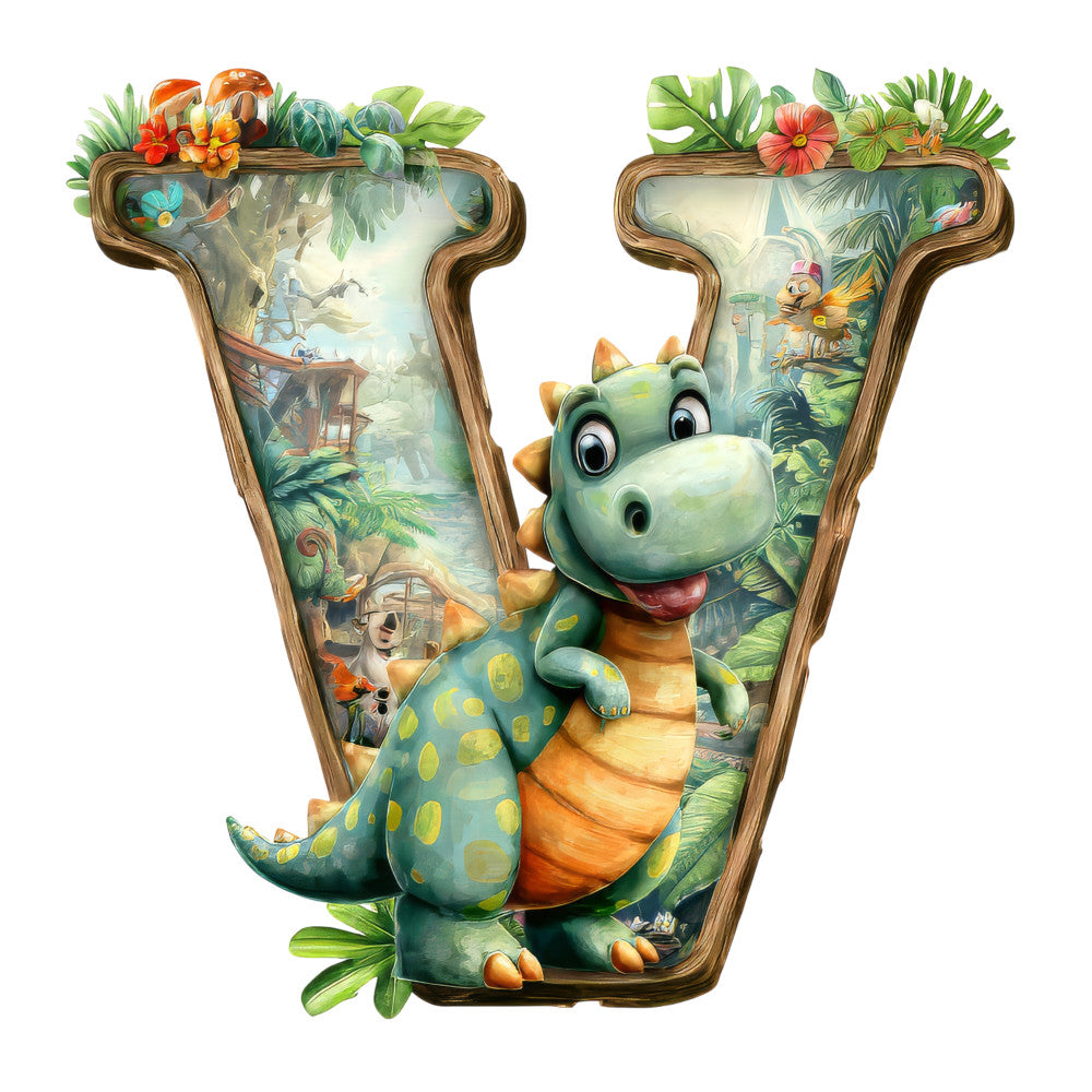 dinosaur, letter v, green dragon, jungle scene, tropical plants, palm fronds, bright colors, orange belly, cartoon style, fabric panel, quilting cotton, children's design, prehistoric theme, adventure scene, teal blue, forest green, sunny yellow, playful character, nature backdrop, whimsical illustration