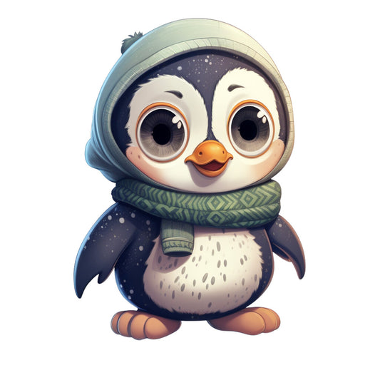 cute penguin, winter clothing, knit hat, scarf, cartoon style, adorable character, navy blue, sage green, cream white, orange beak, big eyes, cozy winter, fabric panel, quilting cotton, children's design, whimsical art, kawaii style, animal illustration, soft pastels, nursery theme