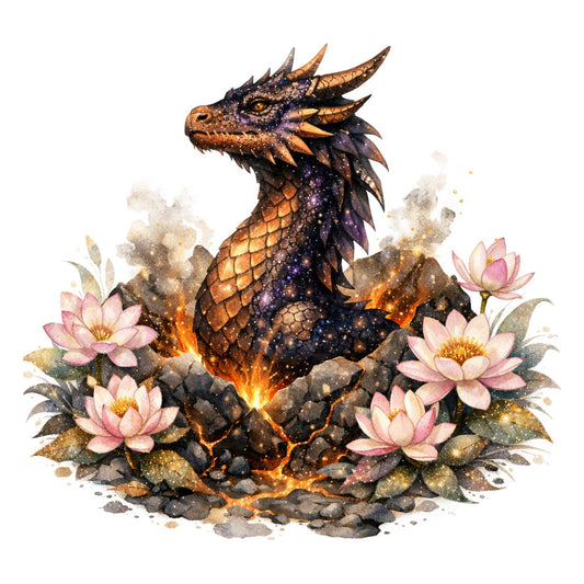 dragon, fantasy, magical, celestial, starry, bronze, gold, copper, purple, pink, lotus, water lilies, flowers, nature, whimsical, ethereal, sparkly, glittery, mystical, eastern, asian-inspired, elegant, decorative, peaceful, serene, fire, flames, ornamental, garden, botanical