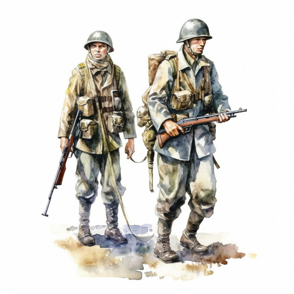 military, historical, soldiers, world war, vintage military, khaki, tan, olive green, gray blue, brown, earthy tones, realistic illustration, patriotic, history, armed forces, men's themes, action, warfare, traditional style, military uniform, helmet, rifle, boots, canvas texture, watercolor style, adventure, historical documents, nostalgic, collectible