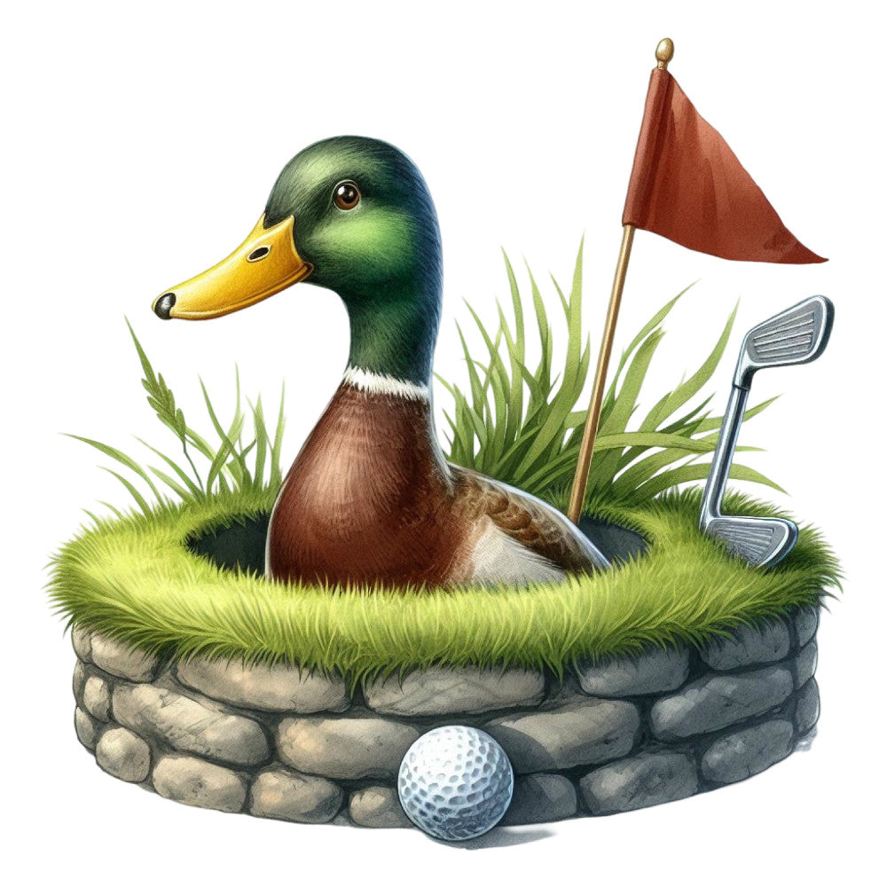 duck, mallard, golf, sports, whimsical, nature, animals, emerald green, forest green, golden yellow, rust brown, cream, grass green, flag, golf club, golf ball, stone, playful, humorous, novelty, children's, summer, outdoor, game, recreation, casual style, illustrated, cartoon style