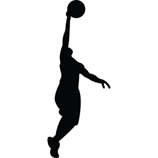 basketball player, sports silhouette, black silhouette, jumping, athletic, sports themed, basketball, slam dunk, action pose, sports fan, modern, contemporary, black and white, monochrome, high contrast, sports equipment, gym decor, basketball court, team spirit, sports apparel, athletic wear, dynamic pose, strength, power, athletic movement, youth sports, basketball gift, sporty style, graphic design