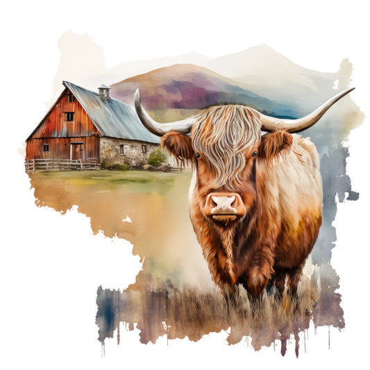 Watercolor Highland Cows Fabric Panel 16 featuring a detailed cow in front of a rustic barn and mountain landscape.