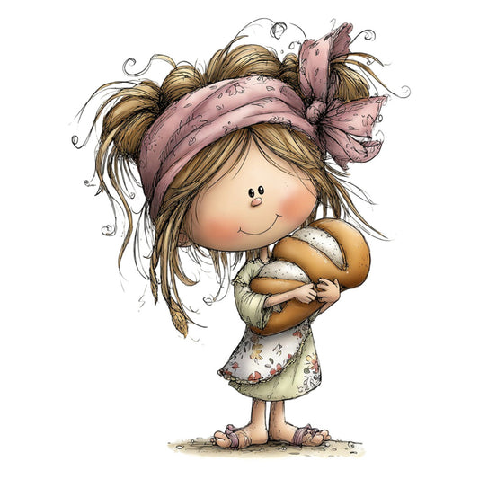 whimsical, children, girl, cute, bread, baking, dusty rose, mauve, tan, cream, brown, floral print, character panel, illustration, charming, playful, child's fabric, nursery, storybook, vintage style, folk art, sweet, innocent, cottage core, country, rustic, spring, pastels, decorative panel, apparel