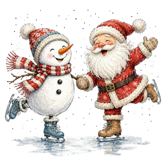 christmas, holiday, santa, snowman, winter, red, white, cream, navy blue, ice skating, snow, festive, whimsical, vintage, nostalgic, cheerful, jolly, seasonal, cold weather, snowy scene, ice skates, striped scarf, knit hat, pom pom, beige, gray, children's, traditional, retro, joyful
