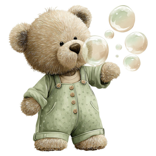 sage green, cream, tan, beige, soft green, teddy bear, bubbles, whimsical, cute, children's, baby, animals, bears, playful, vintage, gentle, soft, nursery, baby quilt, wall hanging, gender neutral, sweet, adorable, storybook, dressed animals, overalls, pastoral, soft colors, dreamy, illustration style