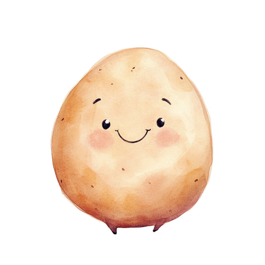 cute potato, smiling face, kawaii vegetable, cream, tan, beige, peach, brown, whimsical, playful, children, kids, food, vegetables, garden, cheerful, happy face, character, adorable, nursery, baby, folk art, rustic, cottagecore, illustration, friendly, sweet, smile, rosy cheeks, endearing