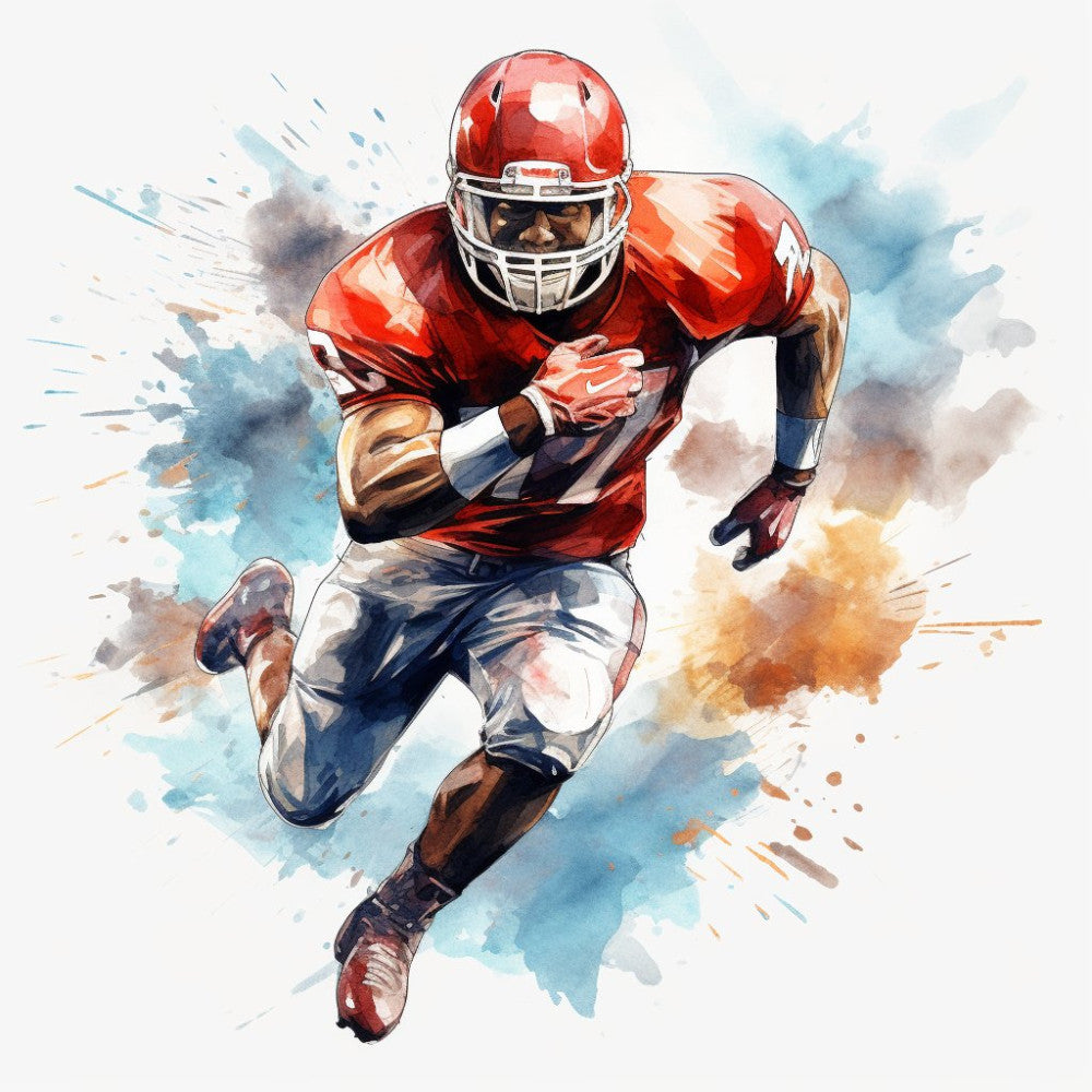 red, white, navy blue, orange, watercolor, sports, football, athlete, action, dynamic, modern, abstract, splatter, athletic wear, team colors, masculine, energetic, vibrant, movement, sport jersey, player, competitive, motivational, inspirational, casual style, youth, active lifestyle