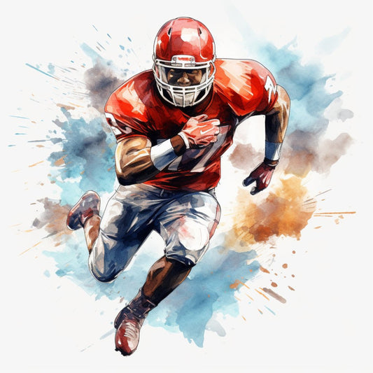 red, white, navy blue, orange, watercolor, sports, football, athlete, action, dynamic, modern, abstract, splatter, athletic wear, team colors, masculine, energetic, vibrant, movement, sport jersey, player, competitive, motivational, inspirational, casual style, youth, active lifestyle