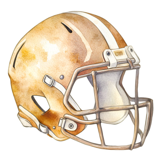 football helmet, sports, tan, gold, cream, white, brown, bronze, metallic, football, athletic, team, varsity, vintage sports, retro, masculine, americana, americana sports, game day, fall, autumn, sports fan, football fan, team colors, helmet design, football season, sports themed, sporty, nostalgic, classic sports