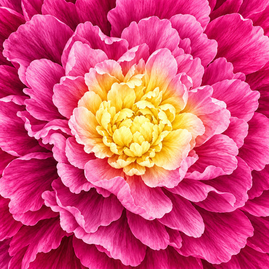 hot pink, magenta, fuchsia, golden yellow, cream, coral pink, peony, dahlia, floral, nature, botanical, spring, summer, elegant, romantic, garden, layered petals, blossoms, flowers, bright colors, vibrant, traditional, feminine, botanical print, multi-colored center, ombre effect, wall hanging, home decor, craft fabric