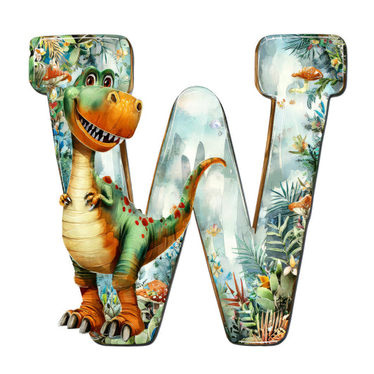 dinosaur, t-rex, green, orange, yellow, tropical foliage, jungle plants, mushrooms, prehistoric scene, cartoon style, playful, whimsical, fabric panel, quilting cotton, children's fabric, nursery theme, letter w, alphabet design, nature elements, bright colors