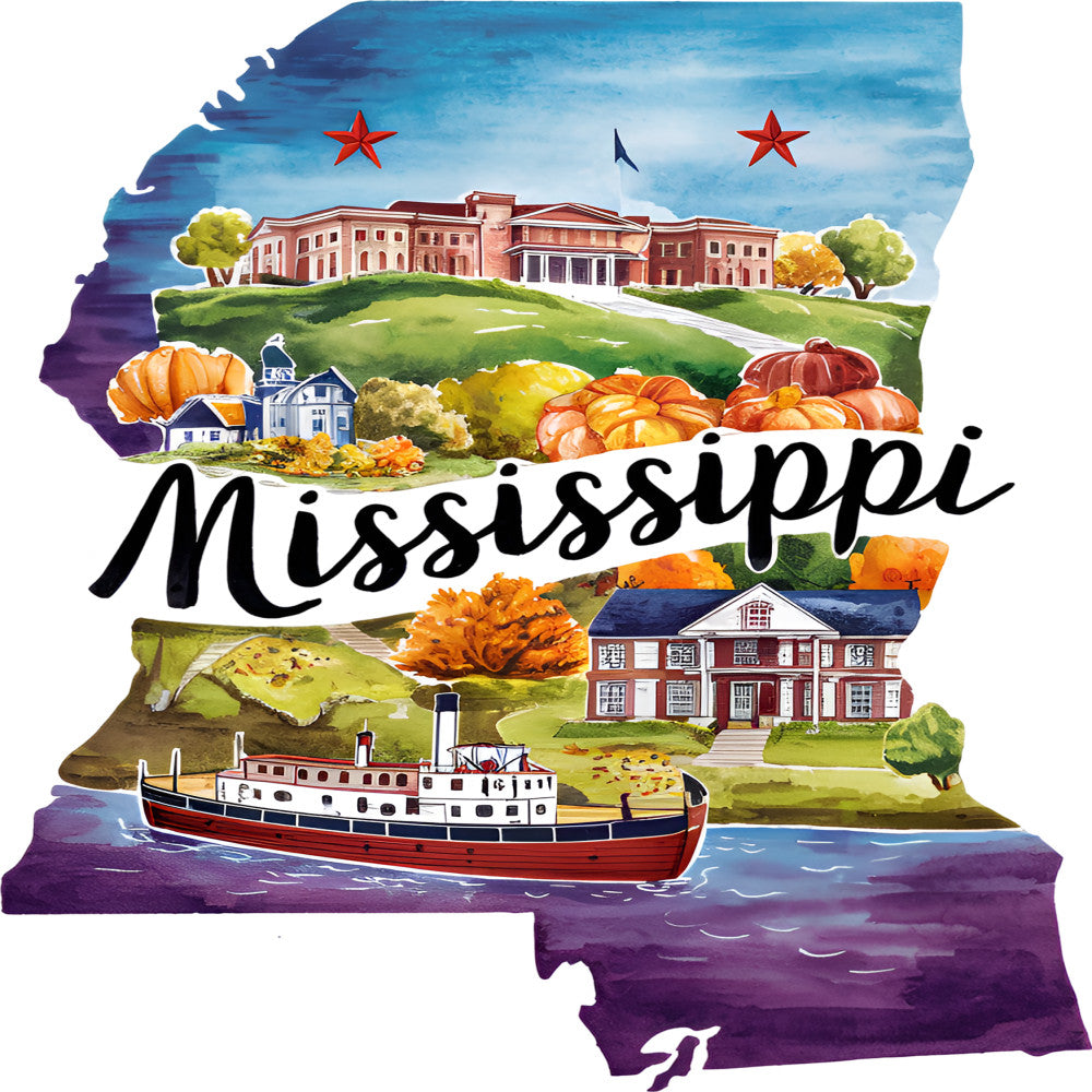 Classic US States Fabric Panel 32 featuring a colorful Mississippi state map with landmarks, pumpkins, and a boat on quilting cotton fabric.