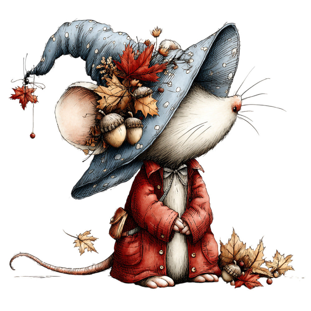 autumn mouse, fall animal, whimsical creature, blue hat, red jacket, seasonal decor, forest animal, woodland theme, nature illustration, acorns, fall leaves, harvest theme, storybook character, children's illustration, vintage style, rustic charm, autumn colors, burnt orange, slate blue, cream white, illustration art, character design, fairy tale, autumn harvest, woodland creature, decorative panel, wall hanging, nursery decor, seasonal textile