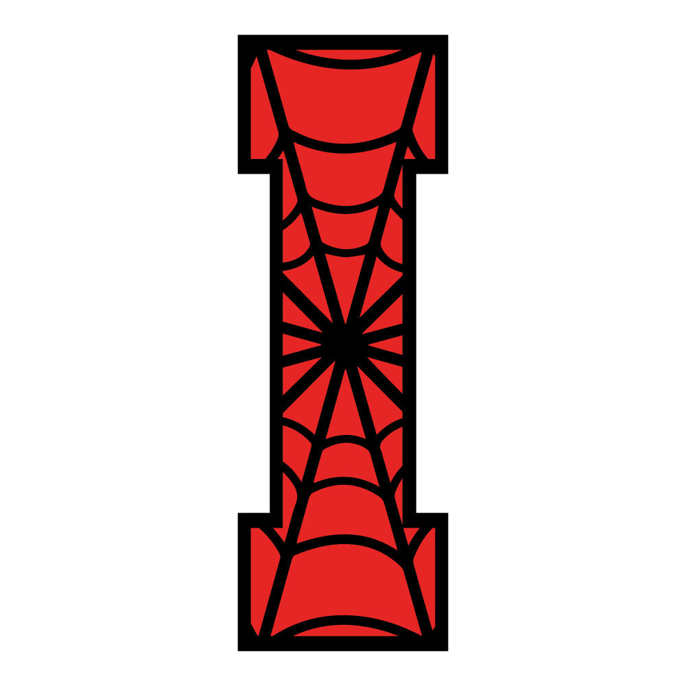 red fabric, black outlines, spider web pattern, alphabet letter, geometric design, superhero theme, comic book style, quilting panel, cotton fabric, craft material, sewing project, vibrant red, web design, letter i, radial pattern, fabric arts, diy crafting, bold colors, graphic pattern