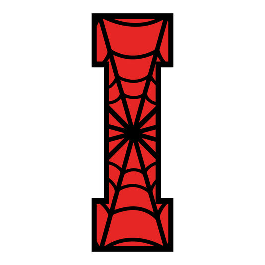 red fabric, black outlines, spider web pattern, alphabet letter, geometric design, superhero theme, comic book style, quilting panel, cotton fabric, craft material, sewing project, vibrant red, web design, letter i, radial pattern, fabric arts, diy crafting, bold colors, graphic pattern