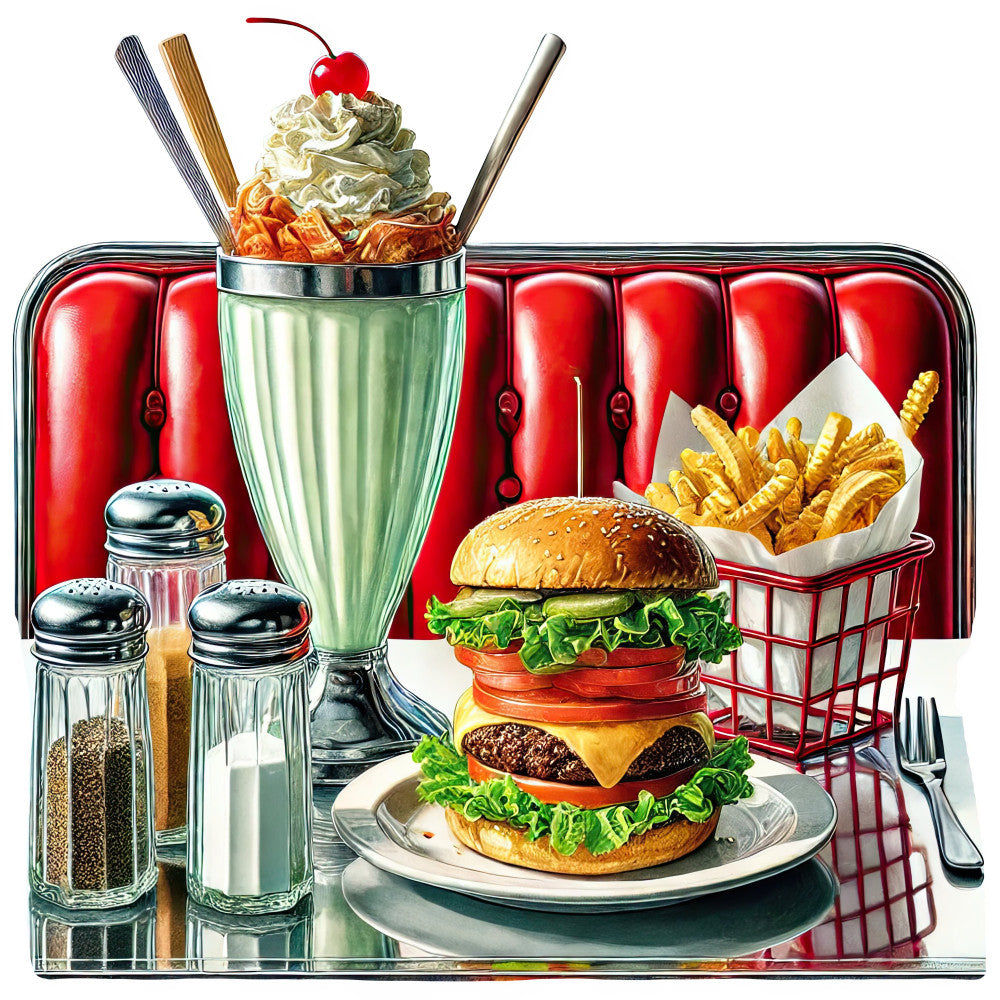 retro diner, vintage 1950s, red booth, hamburger, milkshake, french fries, fast food, diner aesthetic, chrome, red, mint green, cream, gold, nostalgic, mid-century modern, americana, classic diner, retro restaurant, food theme, kitchen decor, novelty print, whimsical, kitsch, cherry top, soda fountain, diner style, casual dining, pop culture, vintage americana, fun print