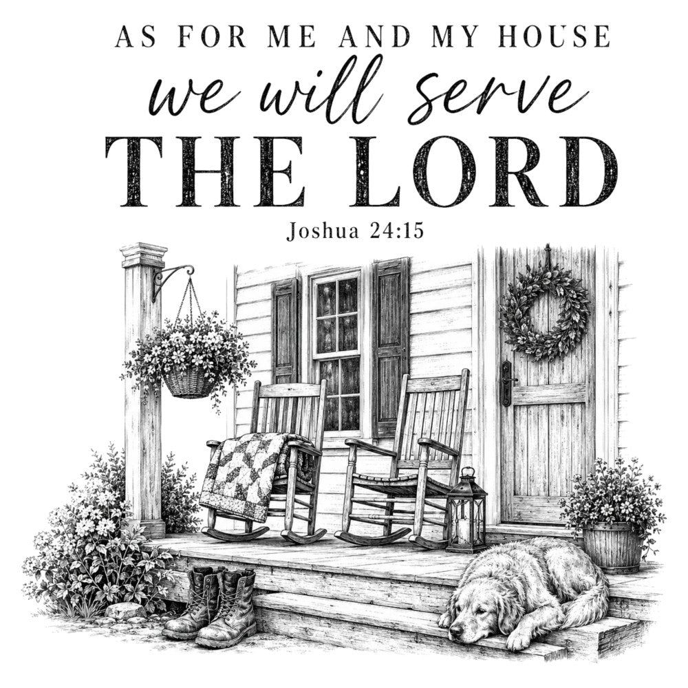 black and white, grayscale, monochrome, inspirational, scripture, religious, farmhouse, rustic, vintage, country, shabby chic, traditional, cottage core, porch scene, rocking chairs, dog, wreath, hanging basket, flowers, boots, lantern, cozy, home decor, wall hanging, spiritual, faith, biblical quote, classic americana, timeless, nostalgic