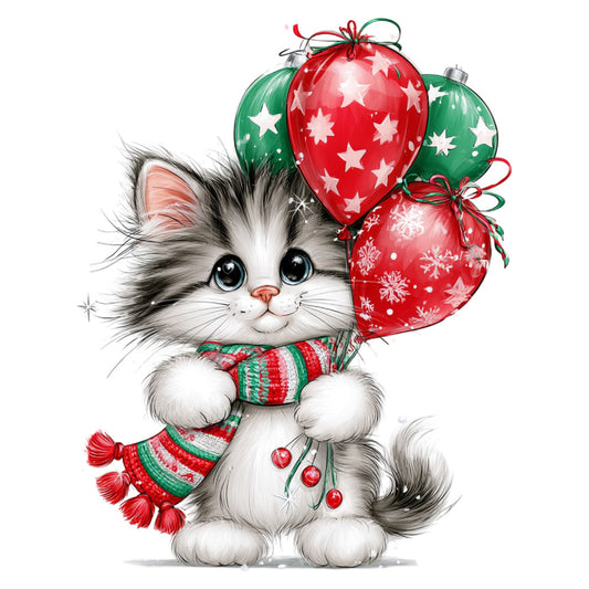 christmas cat, holiday kitten, red ornaments, green ornaments, festive animals, whimsical cat, cute kitten, striped scarf, red and green, snowflakes, stars, holiday decorations, christmas sweater, winter cat, seasonal cat, christmas theme, festive scarf, red striped, green striped, holiday motifs, candy cane colors, traditional christmas, vintage style cat, children's panel, baby quilt, wall hanging, christmas ornament, holiday spirit, jingle bells, festive kitten