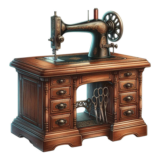 vintage sewing machine, steampunk, antique, teal, bronze, copper, brown, wood grain, sewing theme, crafting, retro, nostalgic, elegant, victorian, ornate, decorative, sewing tools, scissors motif, brass accents, traditional, timeless, heirloom, sewing room, craft room, hobby themed, detailed illustration, classic design, heritage