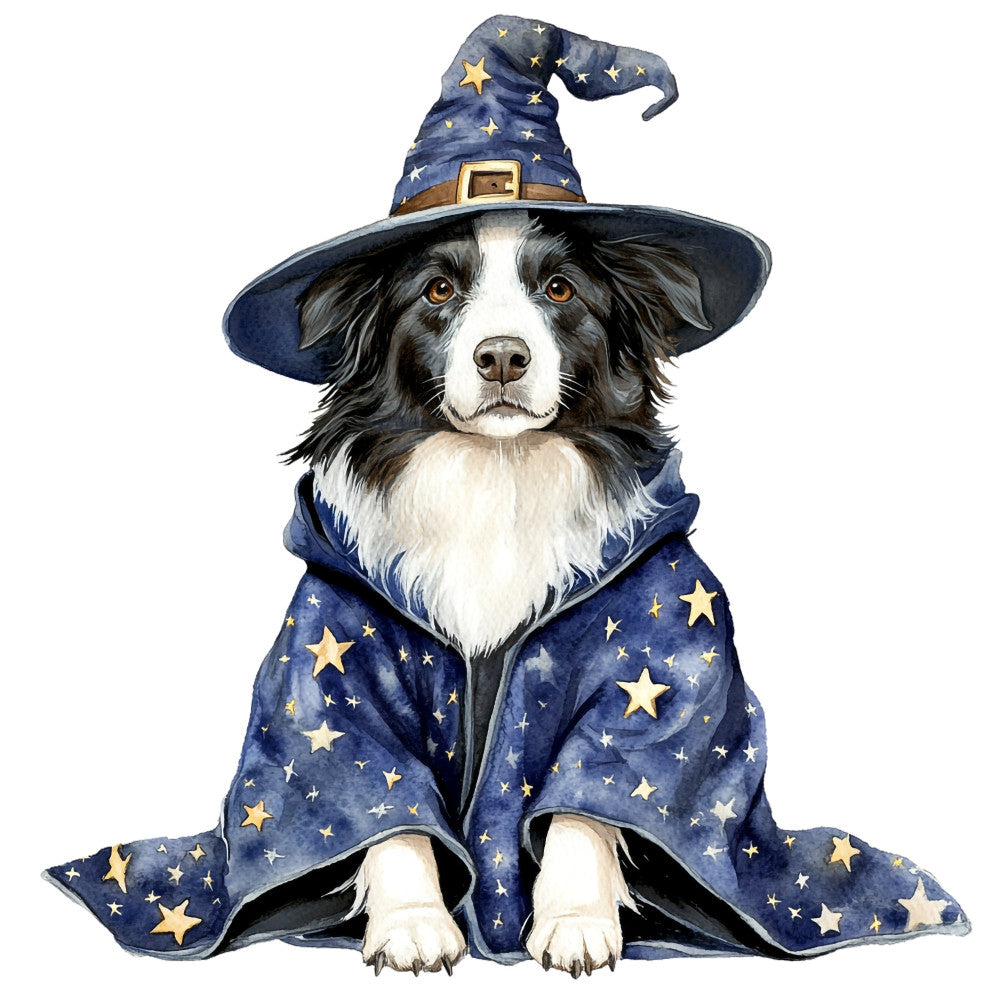 navy blue, gold stars, white, black, dog, border collie, wizard hat, celestial, whimsical, magical, stars, moon, fantasy, witch, enchanted, animal, pet, children's, playful, charming, illustration, storybook, nighttime, starry night, costume, dress-up, nursery, baby, kids, adventure