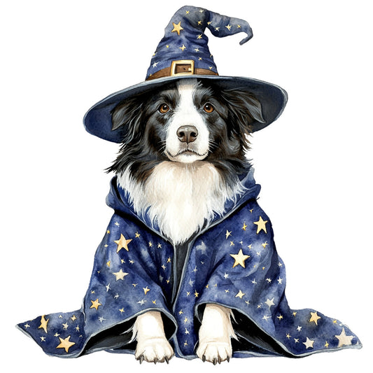 navy blue, gold stars, white, black, dog, border collie, wizard hat, celestial, whimsical, magical, stars, moon, fantasy, witch, enchanted, animal, pet, children's, playful, charming, illustration, storybook, nighttime, starry night, costume, dress-up, nursery, baby, kids, adventure
